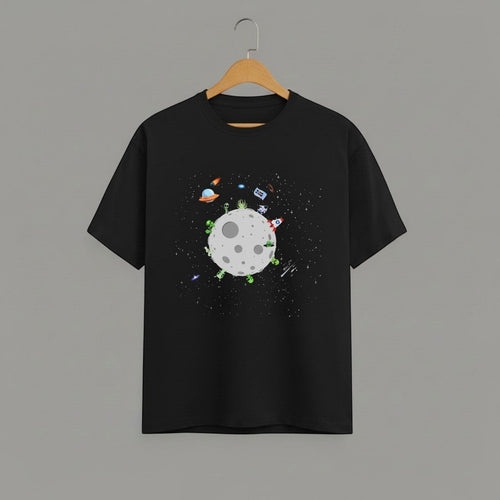 ALIEN-PLANET-Space-Scene-graphic-t-shirt-on-BLACK-unisex-100-cotton-crew-neck-vibrant-high-quality-whimsical-space-scene-fun-space-exploration-design-DTG-print-300-DPI-180-GSM-breathab