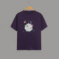 Alien Planet Space Scene graphic t-shirt on PURPLE unisex 100% cotton crew neck, vibrant high-quality whimsical space scene, fun space exploration design, DTG print 300 DPI, 180 GSM breathable soft fabric