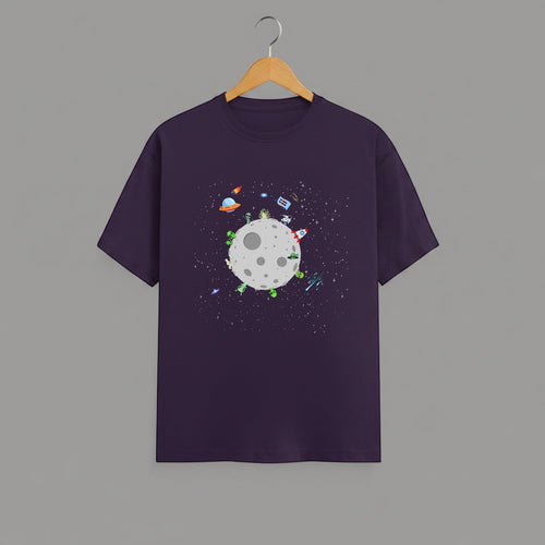 Alien Planet Space Scene graphic t-shirt on PURPLE unisex 100% cotton crew neck, vibrant high-quality whimsical space scene, fun space exploration design, DTG print 300 DPI, 180 GSM breathable soft fabric
