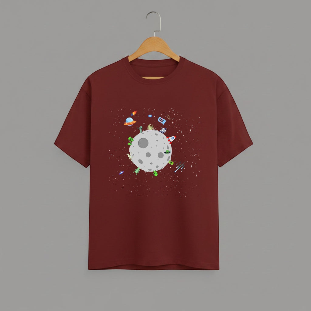 Alien Planet Space Scene graphic t-shirt on BRICK RED unisex 100% cotton crew neck, vibrant high-quality whimsical space scene, fun space exploration design, DTG print 300 DPI, 180 GSM breathable soft fabric