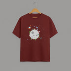 Alien Planet Space Scene graphic t-shirt on BRICK RED unisex 100% cotton crew neck, vibrant high-quality whimsical space scene, fun space exploration design, DTG print 300 DPI, 180 GSM breathable soft fabric