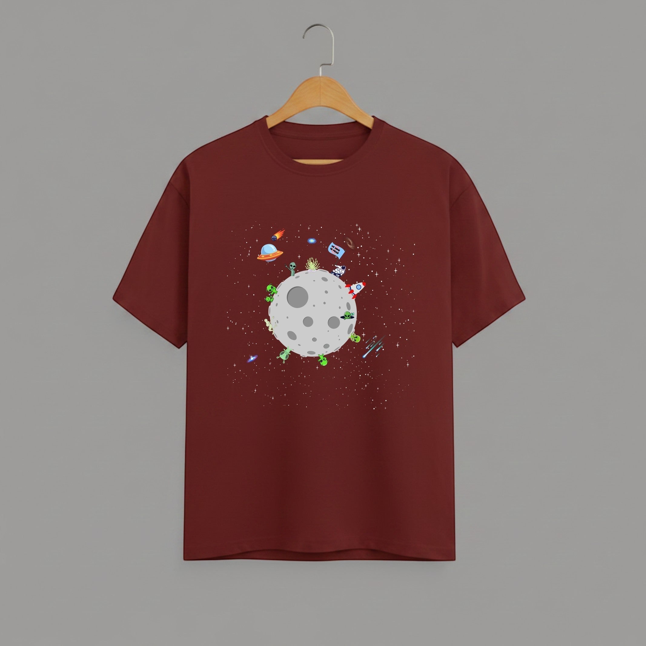 Alien Planet Space Scene graphic t-shirt on BRICK RED unisex 100% cotton crew neck, vibrant high-quality whimsical space scene, fun space exploration design, DTG print 300 DPI, 180 GSM breathable soft fabric