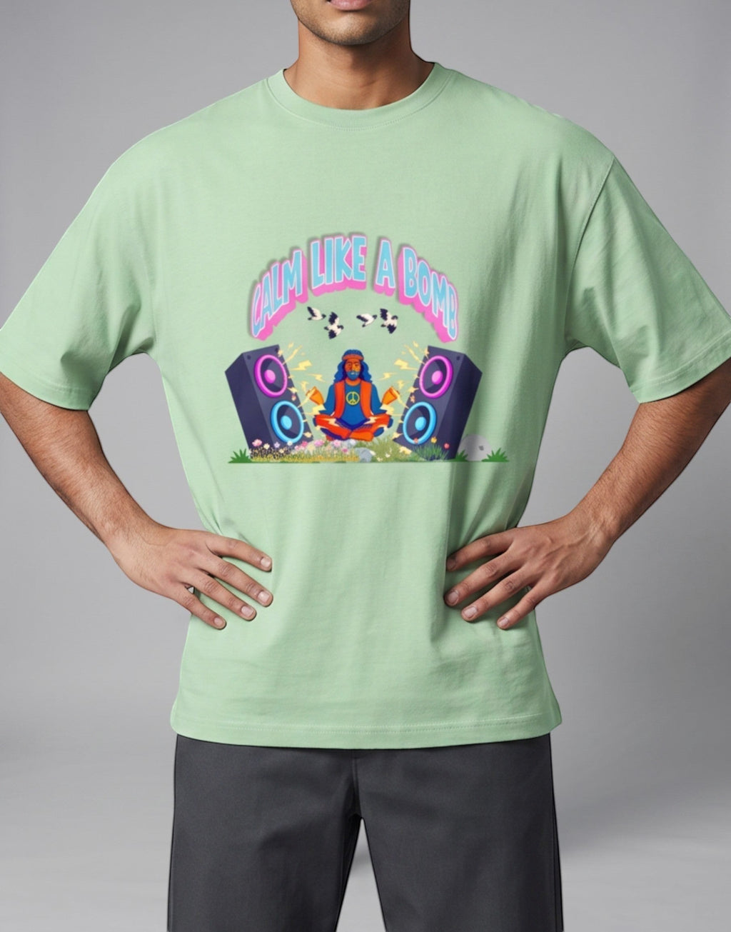 Calm Like A Bomb graphic t-shirt on jade unisex 100% cotton crew neck, featuring meditative figure with retro speakers, DTG print 300 DPI