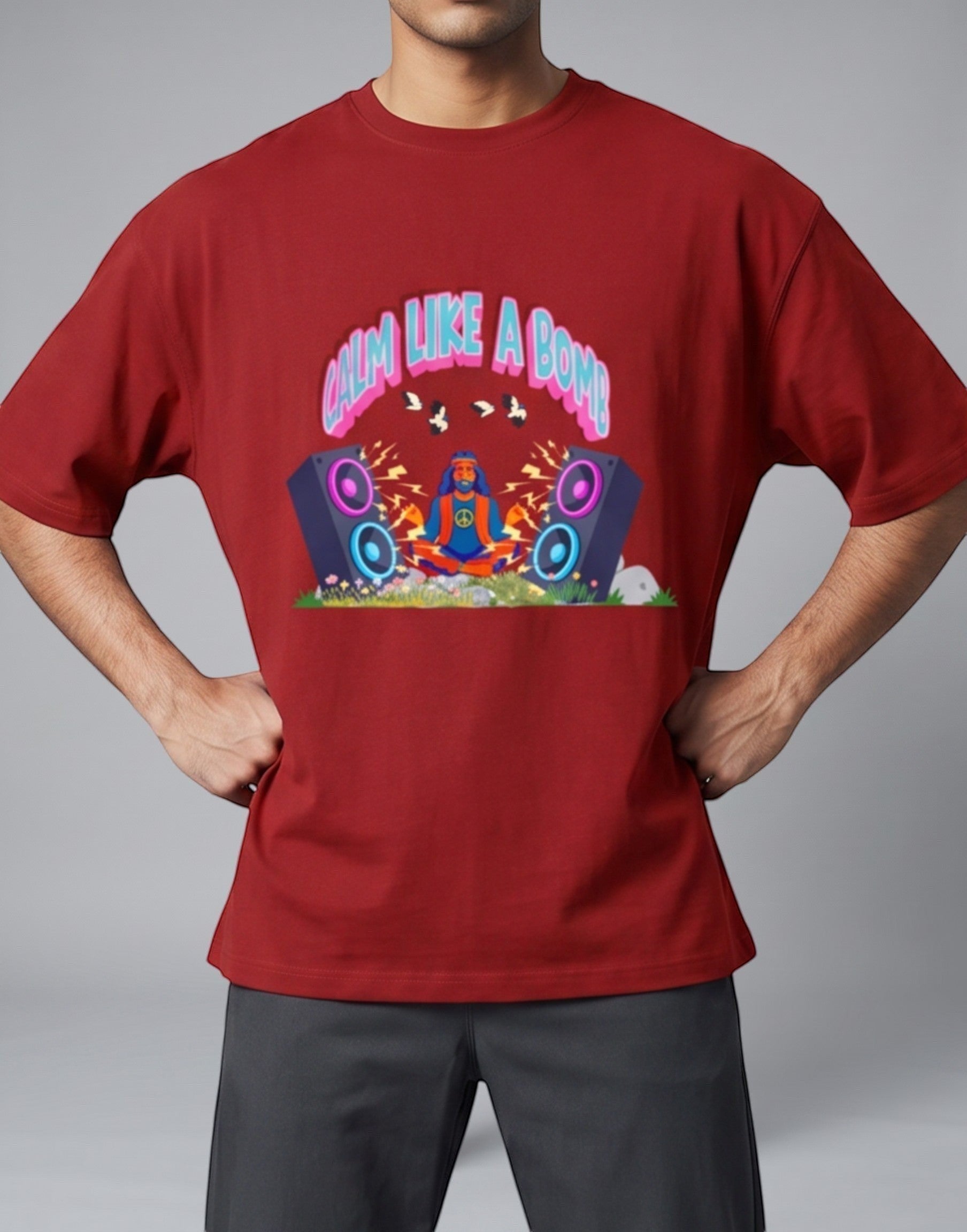 Calm Like A Bomb graphic t-shirt on red unisex 100% cotton crew neck, featuring meditative figure with retro speakers, DTG print 300 DPI