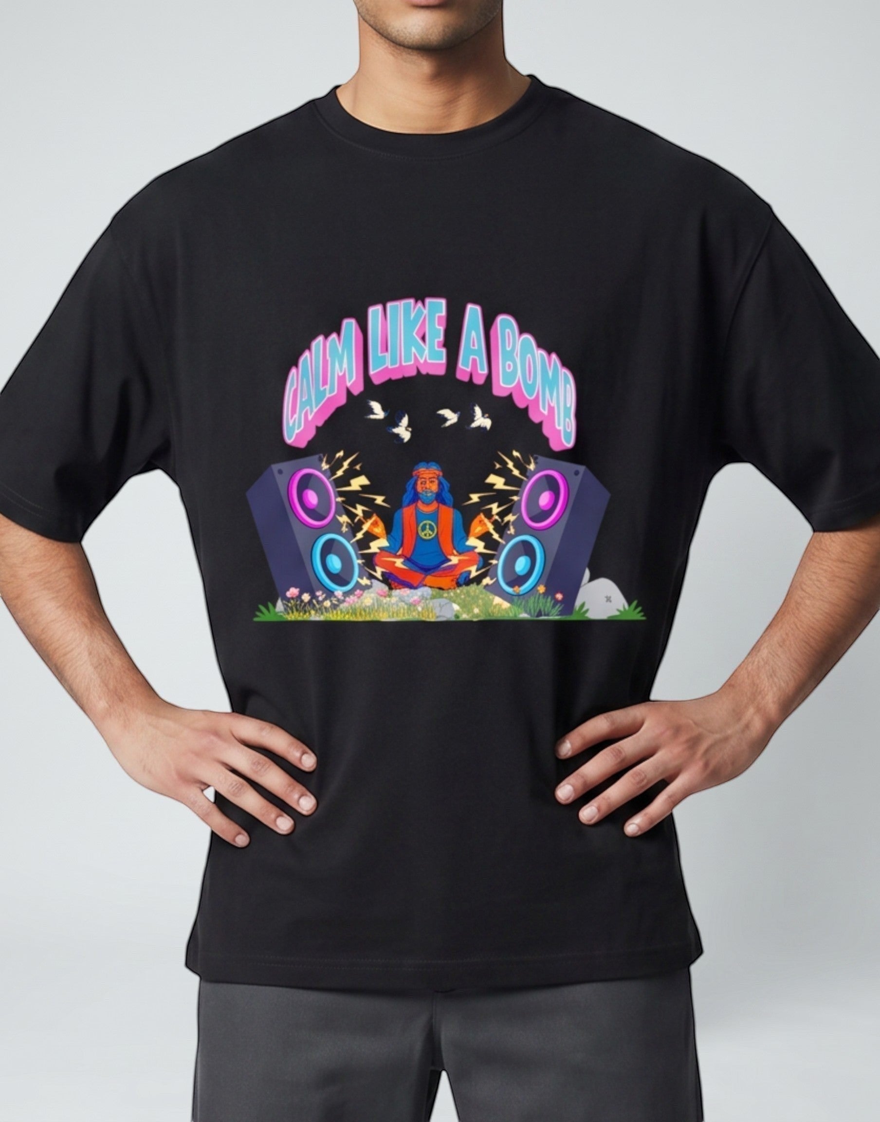Calm Like A Bomb graphic t-shirt on black unisex 100% cotton crew neck, featuring meditative figure with retro speakers, DTG print 300 DPI