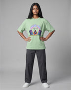 Calm Like A Bomb graphic t-shirt on jade unisex 100% cotton crew neck, featuring meditative figure with retro speakers, DTG print 300 DPI