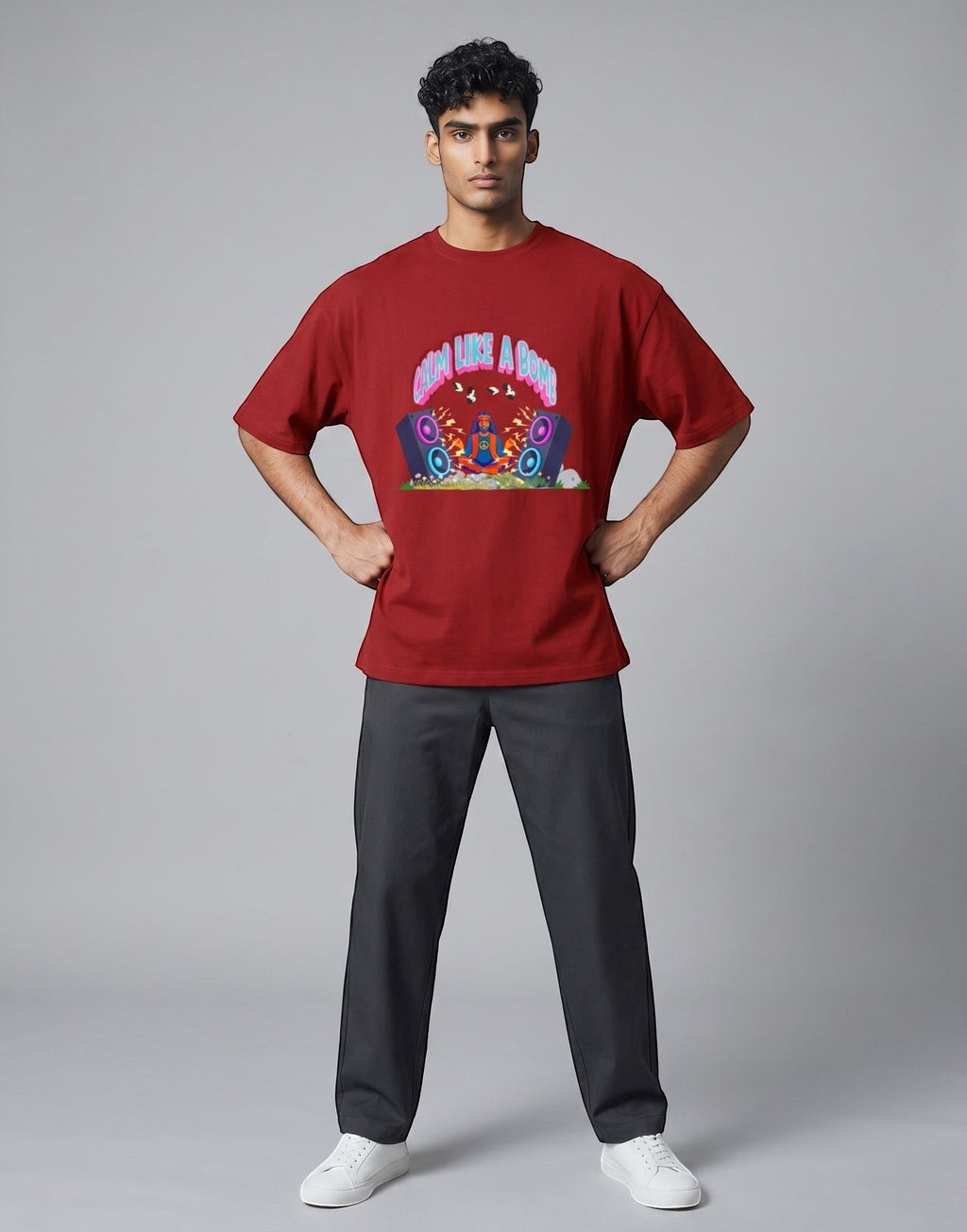 Calm Like A Bomb graphic t-shirt on red unisex 100% cotton crew neck, featuring meditative figure with retro speakers, DTG print 300 DPI