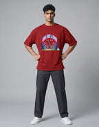 Calm Like A Bomb graphic t-shirt on red unisex 100% cotton crew neck, featuring meditative figure with retro speakers, DTG print 300 DPI