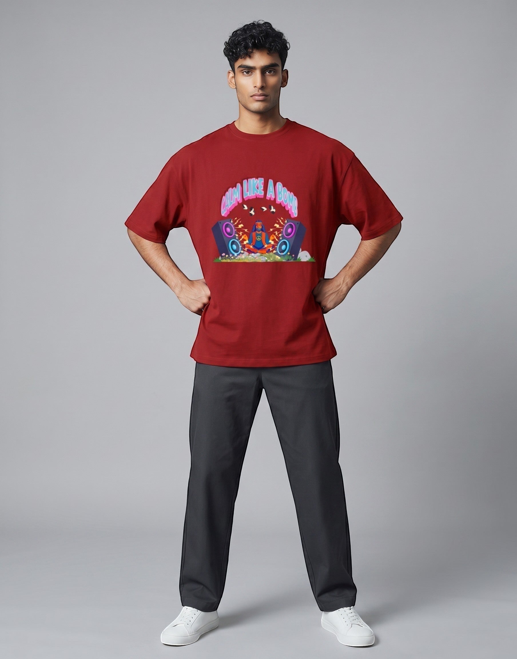 Calm Like A Bomb graphic t-shirt on red unisex 100% cotton crew neck, featuring meditative figure with retro speakers, DTG print 300 DPI