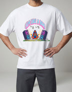 Calm Like A Bomb graphic t-shirt on white unisex 100% cotton crew neck, featuring meditative figure with retro speakers, DTG print 300 DPI