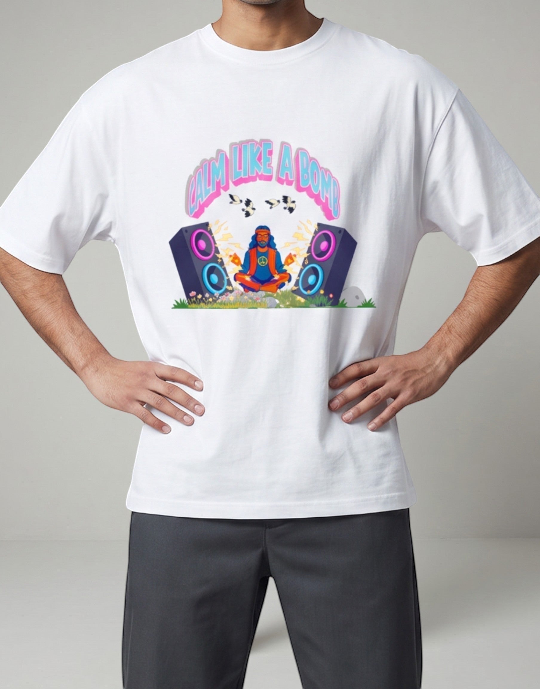 Calm Like A Bomb graphic t-shirt on white unisex 100% cotton crew neck, featuring meditative figure with retro speakers, DTG print 300 DPI
