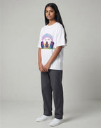 Calm Like A Bomb graphic t-shirt on white unisex 100% cotton crew neck, featuring meditative figure with retro speakers, DTG print 300 DPI