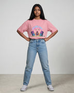 Calm Like A Bomb graphic t-shirt on pink flamingo unisex 100% cotton crew neck, featuring meditative figure with retro speakers, DTG print 300 DPI