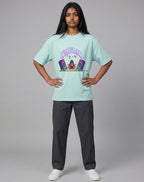 Calm Like A Bomb graphic t-shirt on mint  unisex 100% cotton crew neck, featuring meditative figure with retro speakers, DTG print 300 DPI