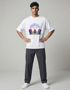 Calm Like A Bomb graphic t-shirt on white unisex 100% cotton crew neck, featuring meditative figure with retro speakers, DTG print 300 DPI