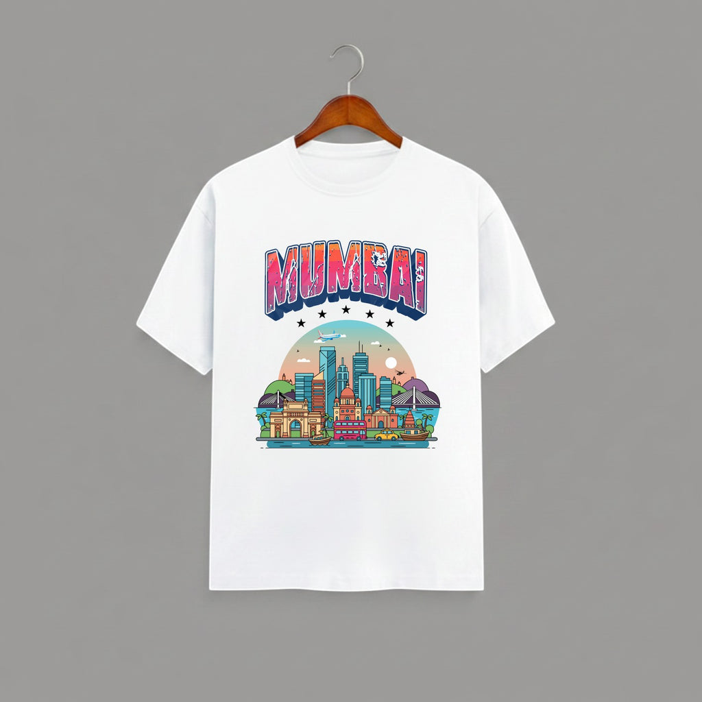 Mumbai Meri Jaan graphic t-shirt with bold MUMBAI lettering, WHITE vibrant skyline artwork, Gateway of India and Bandra-Worli Sea Link city landmarks, unisex classic crew fit, soft 180 GSM cotton tee