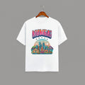 Mumbai Meri Jaan graphic t-shirt with bold MUMBAI lettering, WHITE vibrant skyline artwork, Gateway of India and Bandra-Worli Sea Link city landmarks, unisex classic crew fit, soft 180 GSM cotton tee