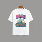Mumbai Meri Jaan graphic t-shirt with bold MUMBAI lettering, WHITE vibrant skyline artwork, Gateway of India and Bandra-Worli Sea Link city landmarks, unisex classic crew fit, soft 180 GSM cotton tee