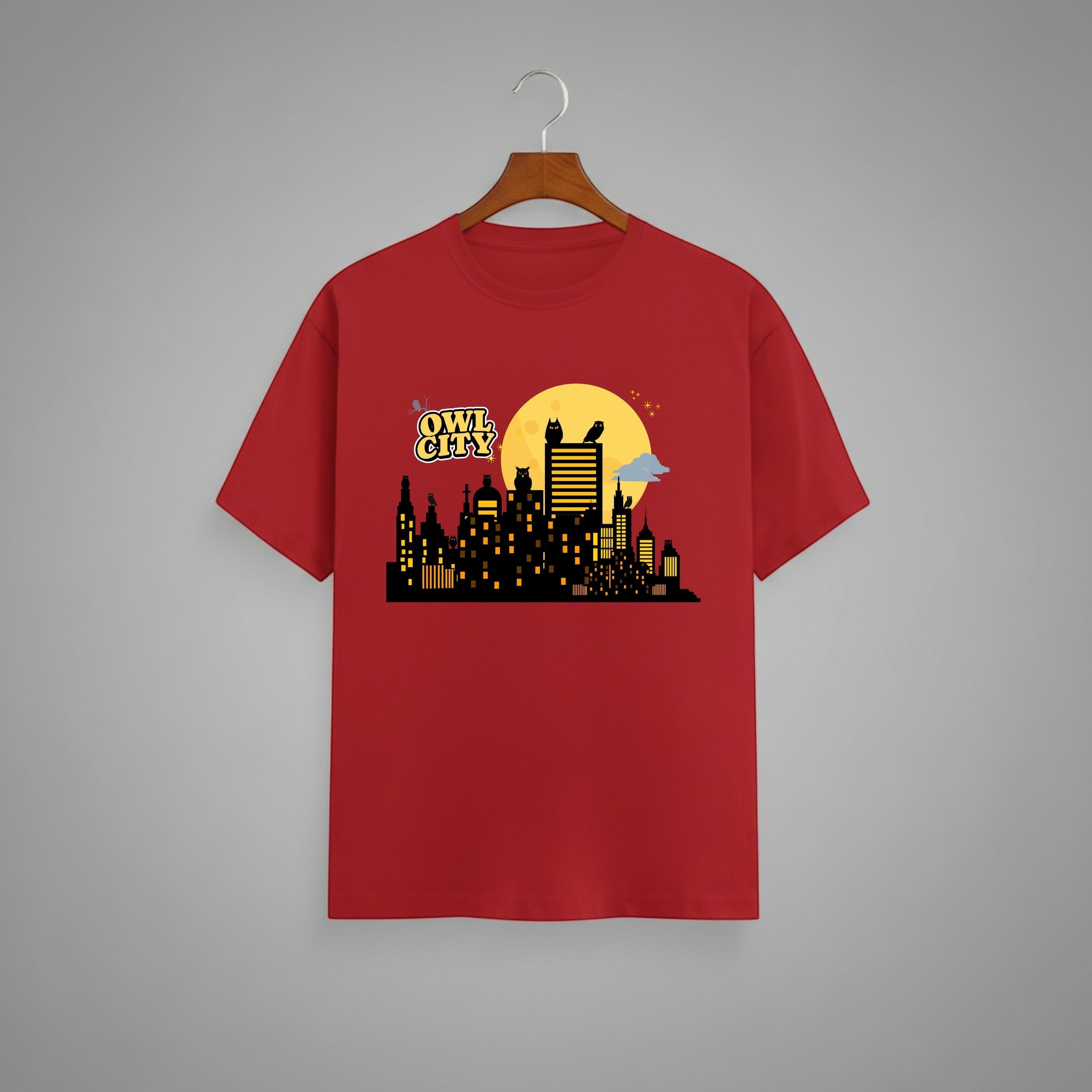 Owl City graphic t-shirt on RED unisex 100% cotton crew neck, unique eye-catching artistic flair design, vibrant DTG print 300 DPI, 180 GSM breathable soft fabric
