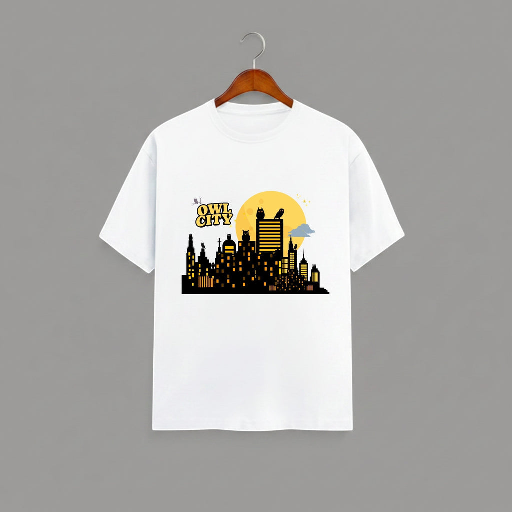 Owl City graphic t-shirt on White unisex 100% cotton crew neck, unique eye-catching artistic flair design, vibrant DTG print 300 DPI, 180 GSM breathable soft fabric