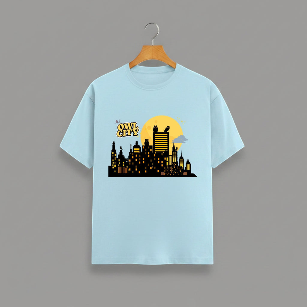 Owl City graphic t-shirt on LIGHT BABY BLUE unisex 100% cotton crew neck, unique eye-catching artistic flair design, vibrant DTG print 300 DPI, 180 GSM breathable soft fabric