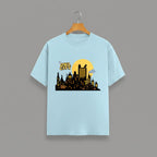 Owl City graphic t-shirt on LIGHT BABY BLUE unisex 100% cotton crew neck, unique eye-catching artistic flair design, vibrant DTG print 300 DPI, 180 GSM breathable soft fabric