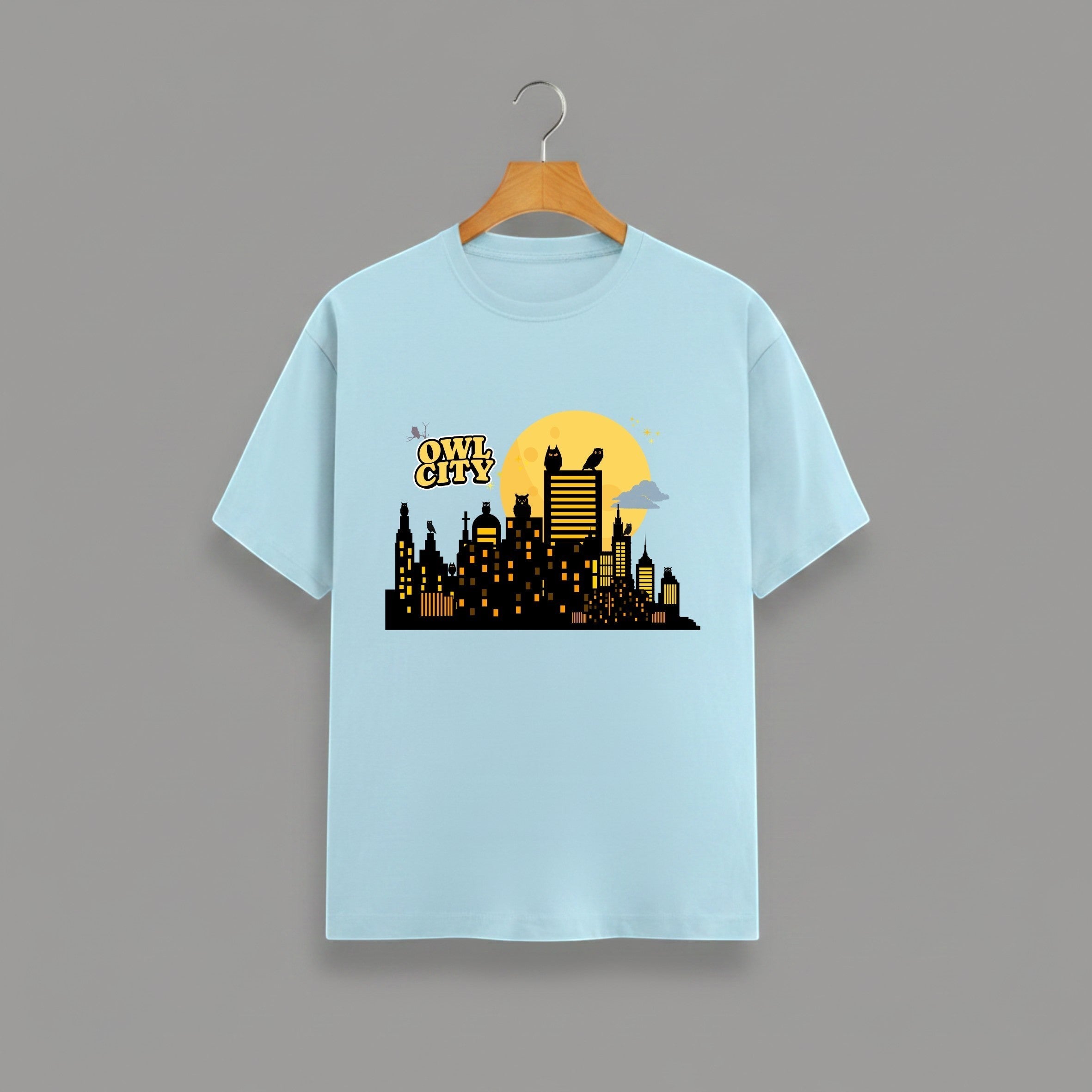 Owl City graphic t-shirt on LIGHT BABY BLUE unisex 100% cotton crew neck, unique eye-catching artistic flair design, vibrant DTG print 300 DPI, 180 GSM breathable soft fabric