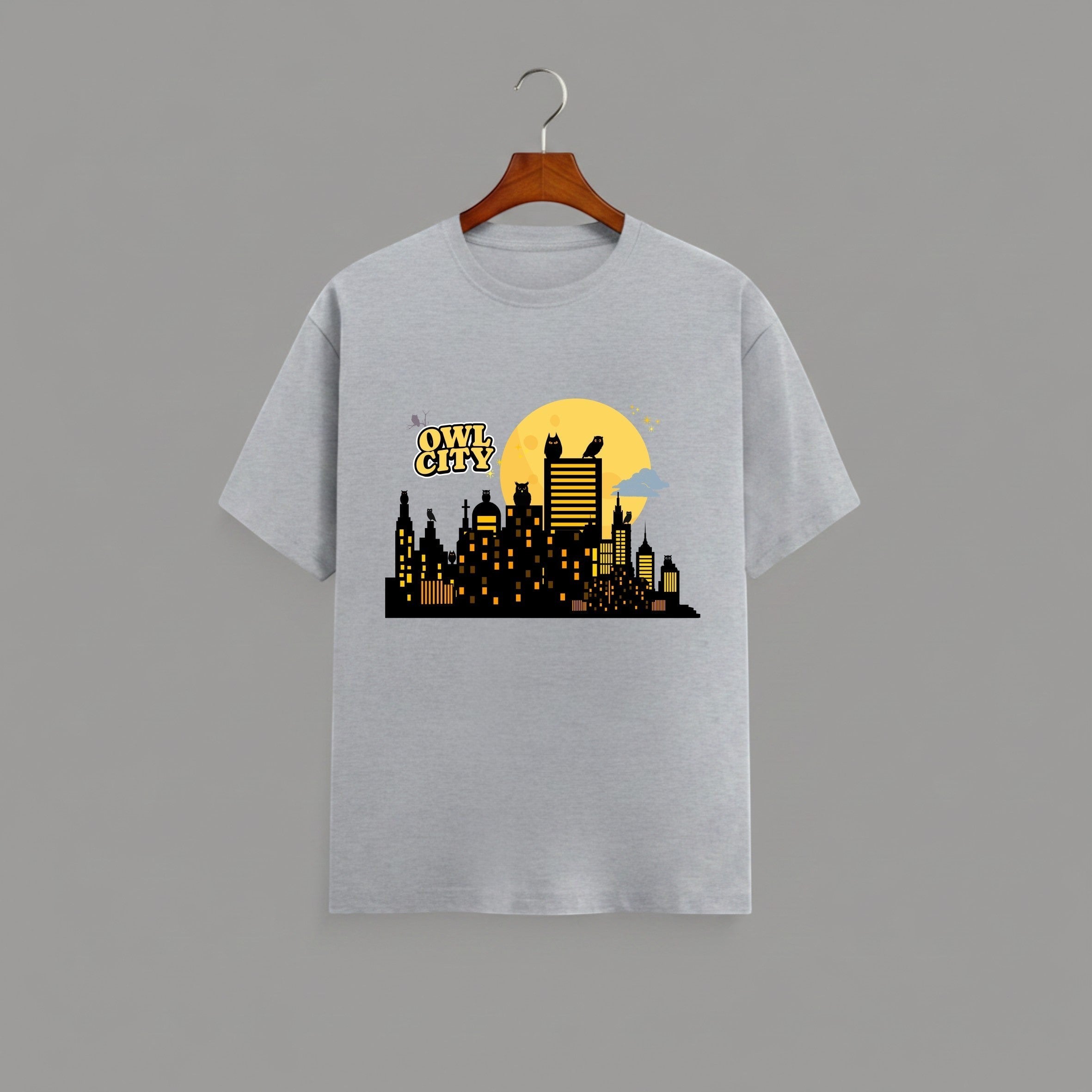Owl City graphic t-shirt on Grey unisex 100% cotton crew neck, unique eye-catching artistic flair design, vibrant DTG print 300 DPI, 180 GSM breathable soft fabric