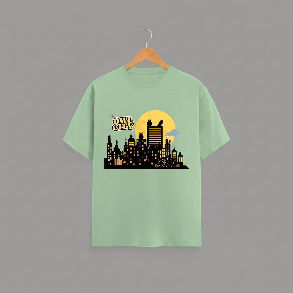 Owl City graphic t-shirt on JADE unisex 100% cotton crew neck, unique eye-catching artistic flair design, vibrant DTG print 300 DPI, 180 GSM breathable soft fabric
