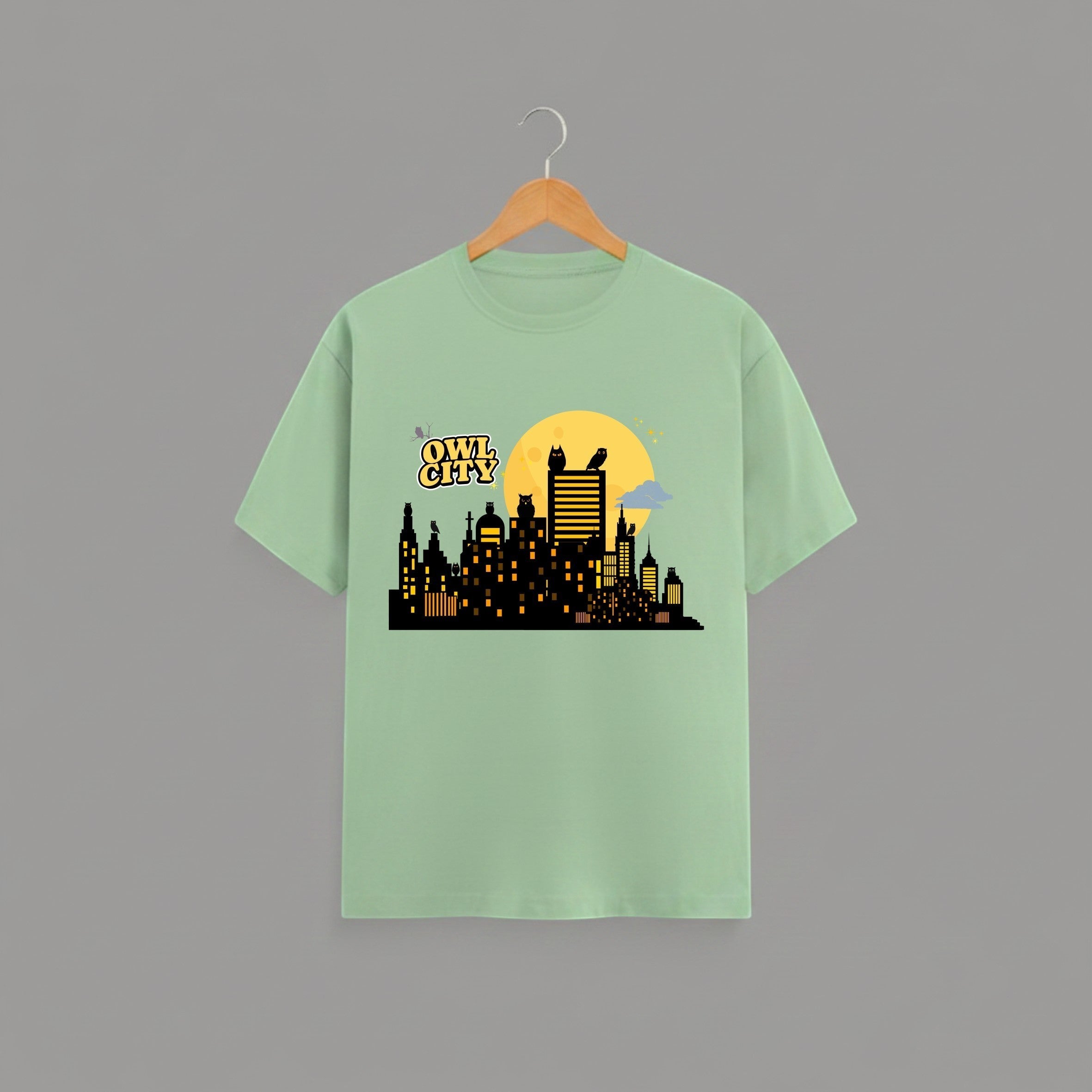 Owl City graphic t-shirt on JADE unisex 100% cotton crew neck, unique eye-catching artistic flair design, vibrant DTG print 300 DPI, 180 GSM breathable soft fabric