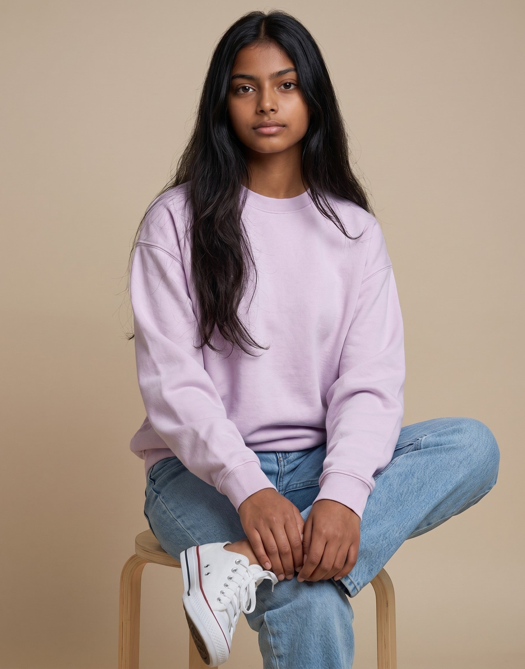 Baby Pink Oversized Sweatshirt on BABY PINK unisex premium soft-touch cotton blend crew neck, relaxed roomy fit warm embrace, dropped shoulder contemporary design, beautiful soft lavender hue, ribbed cuffs hem durable, classic crew neckline, oversized silhouette polished laid-back