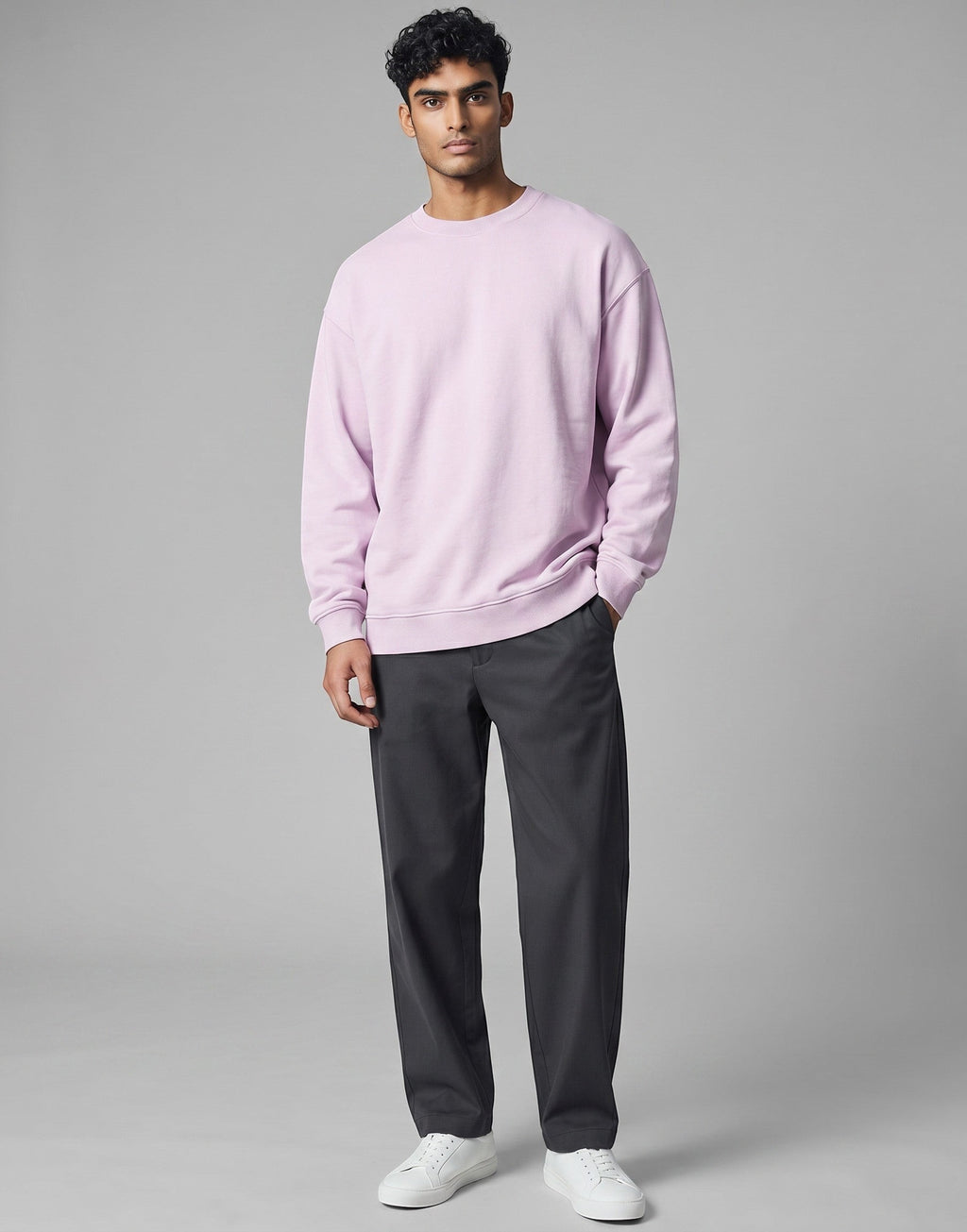 Baby Pink Oversized Sweatshirt on BABY PINK unisex premium soft-touch cotton blend crew neck, relaxed roomy fit warm embrace, dropped shoulder contemporary design, beautiful soft lavender hue, ribbed cuffs hem durable, classic crew neckline, oversized silhouette polished laid-back
