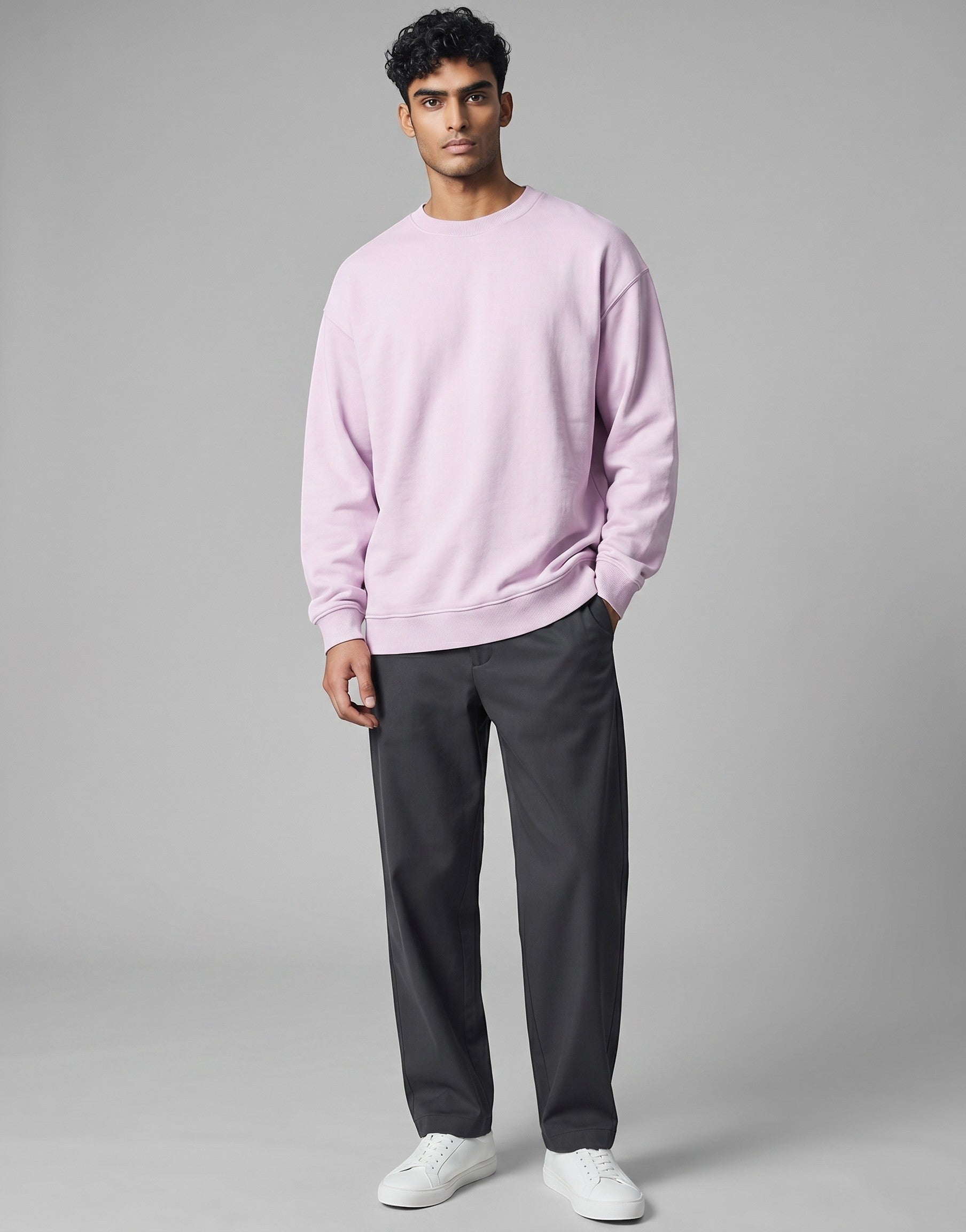 Baby Pink Oversized Sweatshirt on BABY PINK unisex premium soft-touch cotton blend crew neck, relaxed roomy fit warm embrace, dropped shoulder contemporary design, beautiful soft lavender hue, ribbed cuffs hem durable, classic crew neckline, oversized silhouette polished laid-back