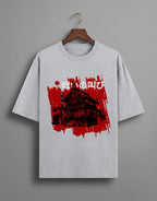 GREY Battle Cry Samurai oversized tee unisex classic crew premium 240 GSM heavyweight cotton, dark samurai temple silhouette explosive red brushstroke art, Japanese kanji 戦の叫び Battle Cry bold white, high-contrast red black white raw dramatic, dropped shoulders authentic oversized fit, ribbed crew neckline won't curl, extra length extended hem, unisex oversized fit stylish slouch, pre-shrunk bio-washed holds shape, Japanese streetwear anime fierce fearless