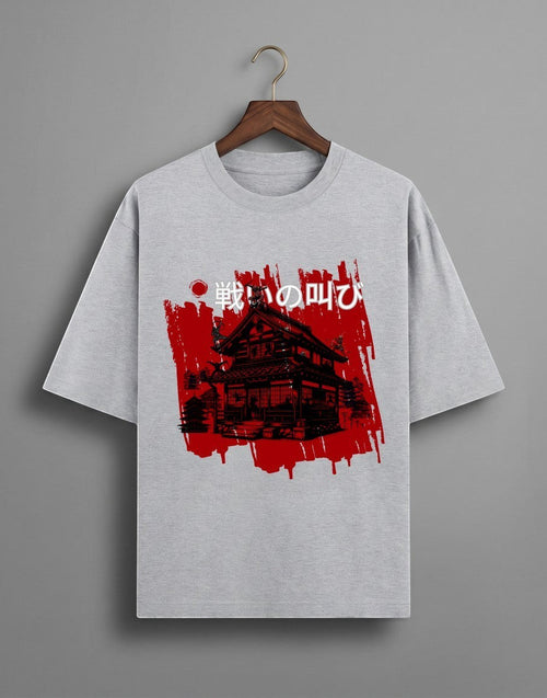 GREY Battle Cry Samurai oversized tee unisex classic crew premium 240 GSM heavyweight cotton, dark samurai temple silhouette explosive red brushstroke art, Japanese kanji 戦の叫び Battle Cry bold white, high-contrast red black white raw dramatic, dropped shoulders authentic oversized fit, ribbed crew neckline won't curl, extra length extended hem, unisex oversized fit stylish slouch, pre-shrunk bio-washed holds shape, Japanese streetwear anime fierce fearless