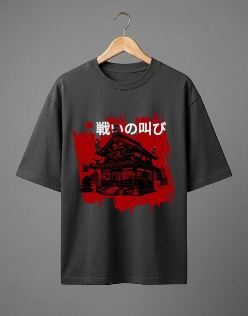 BLACK Battle Cry Samurai oversized tee unisex classic crew premium 240 GSM heavyweight cotton, dark samurai temple silhouette explosive red brushstroke art, Japanese kanji 戦の叫び Battle Cry bold white, high-contrast red black white raw dramatic, dropped shoulders authentic oversized fit, ribbed crew neckline won't curl, extra length extended hem, unisex oversized fit stylish slouch, pre-shrunk bio-washed holds shape, Japanese streetwear anime fierce fearless