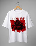WHITE Battle Cry Samurai oversized tee ounisex classic crew premium 240 GSM heavyweight cotton, dark samurai temple silhouette explosive red brushstroke art, Japanese kanji 戦の叫び Battle Cry bold white, high-contrast red black white raw dramatic, dropped shoulders authentic oversized fit, ribbed crew neckline won't curl, extra length extended hem, unisex oversized fit stylish slouch, pre-shrunk bio-washed holds shape, Japanese streetwear anime fierce fearless