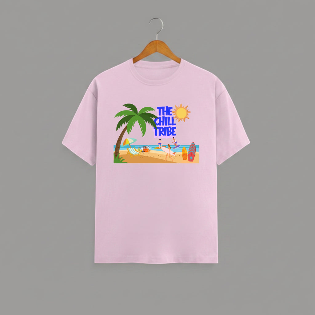 Chill Tribe beach graphic t-shirt on Light Pink unisex 100% cotton crew neck, summer beach lifestyle design with coastal vibes, DTG print 300 DPI, 180 GSM breathable