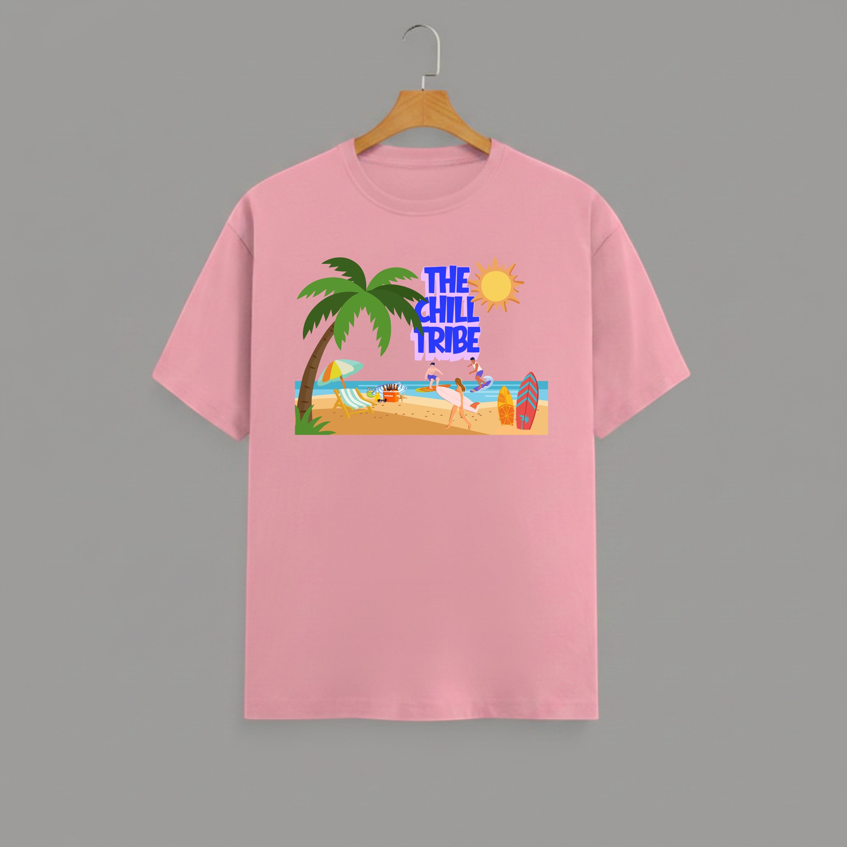 Chill Tribe beach graphic t-shirt on pink flamingo unisex 100% cotton crew neck, summer beach lifestyle design with coastal vibes, DTG print 300 DPI, 180 GSM breathable