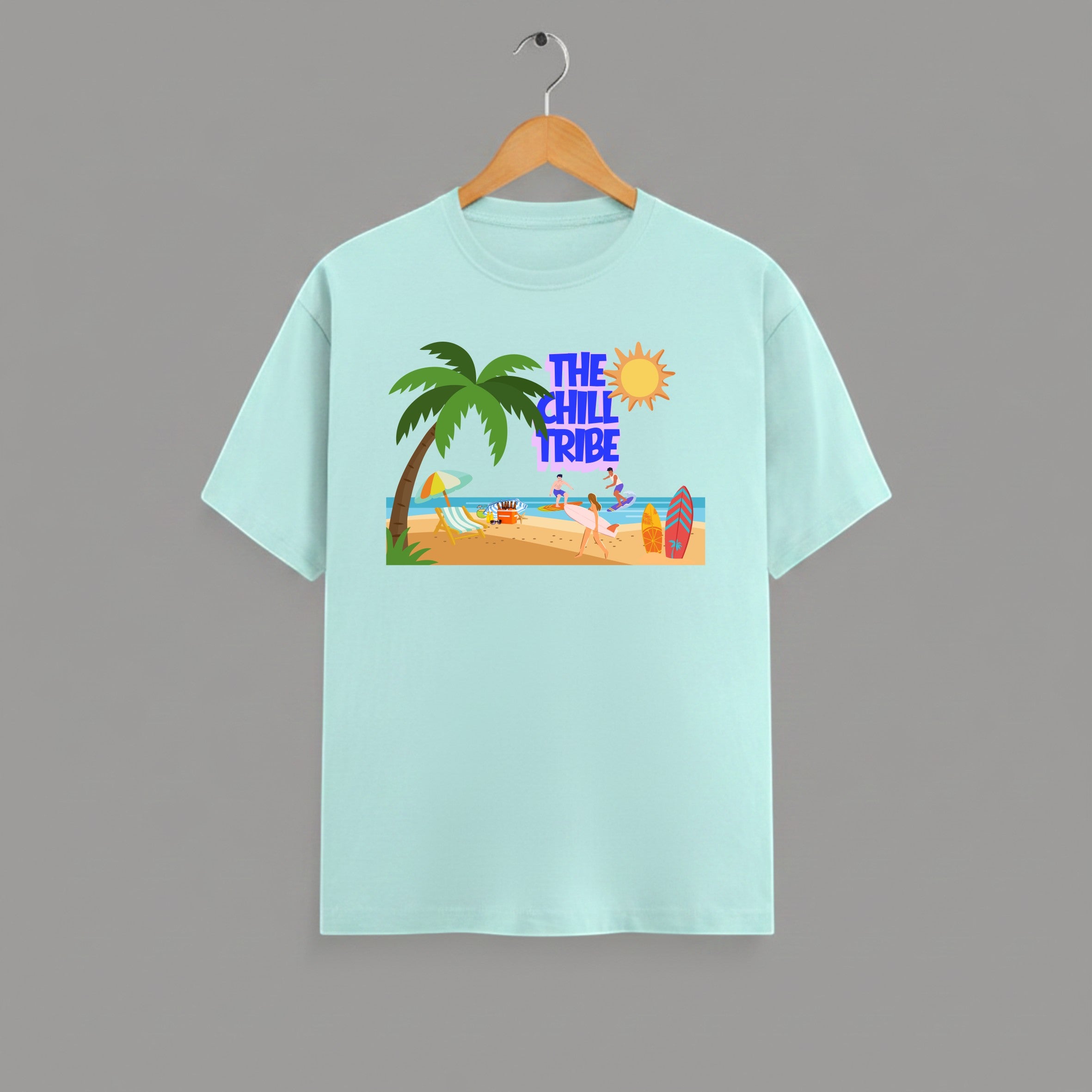 Chill Tribe beach graphic t-shirt on mint unisex 100% cotton crew neck, summer beach lifestyle design with coastal vibes, DTG print 300 DPI, 180 GSM breathable
