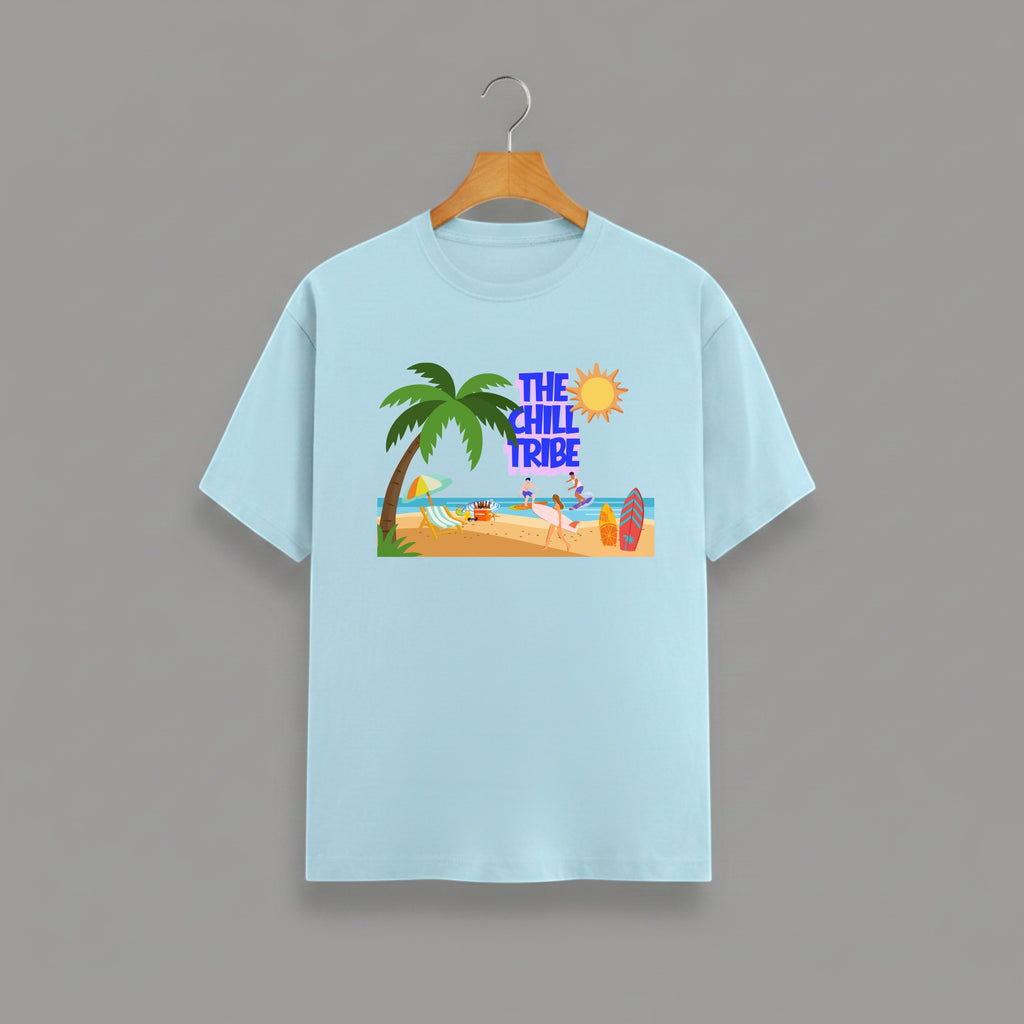 Chill Tribe beach graphic t-shirt on Light blue unisex 100% cotton crew neck, summer beach lifestyle design with coastal vibes, DTG print 300 DPI, 180 GSM breathable