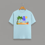 Chill Tribe beach graphic t-shirt on Light blue unisex 100% cotton crew neck, summer beach lifestyle design with coastal vibes, DTG print 300 DPI, 180 GSM breathable