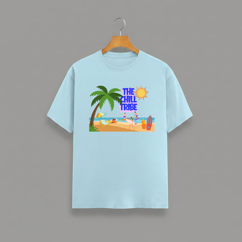 Chill Tribe beach graphic t-shirt on Light blue unisex 100% cotton crew neck, summer beach lifestyle design with coastal vibes, DTG print 300 DPI, 180 GSM breathable