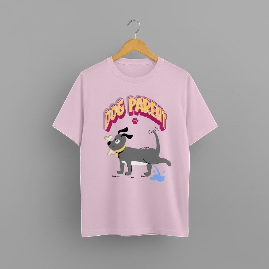 Dog Parent graphic t-shirt on LIGHT PINK unisex 100% cotton crew neck, playful dog illustration pet owner humor design, DTG print 300 DPI, 180 GSM breathable soft fabric