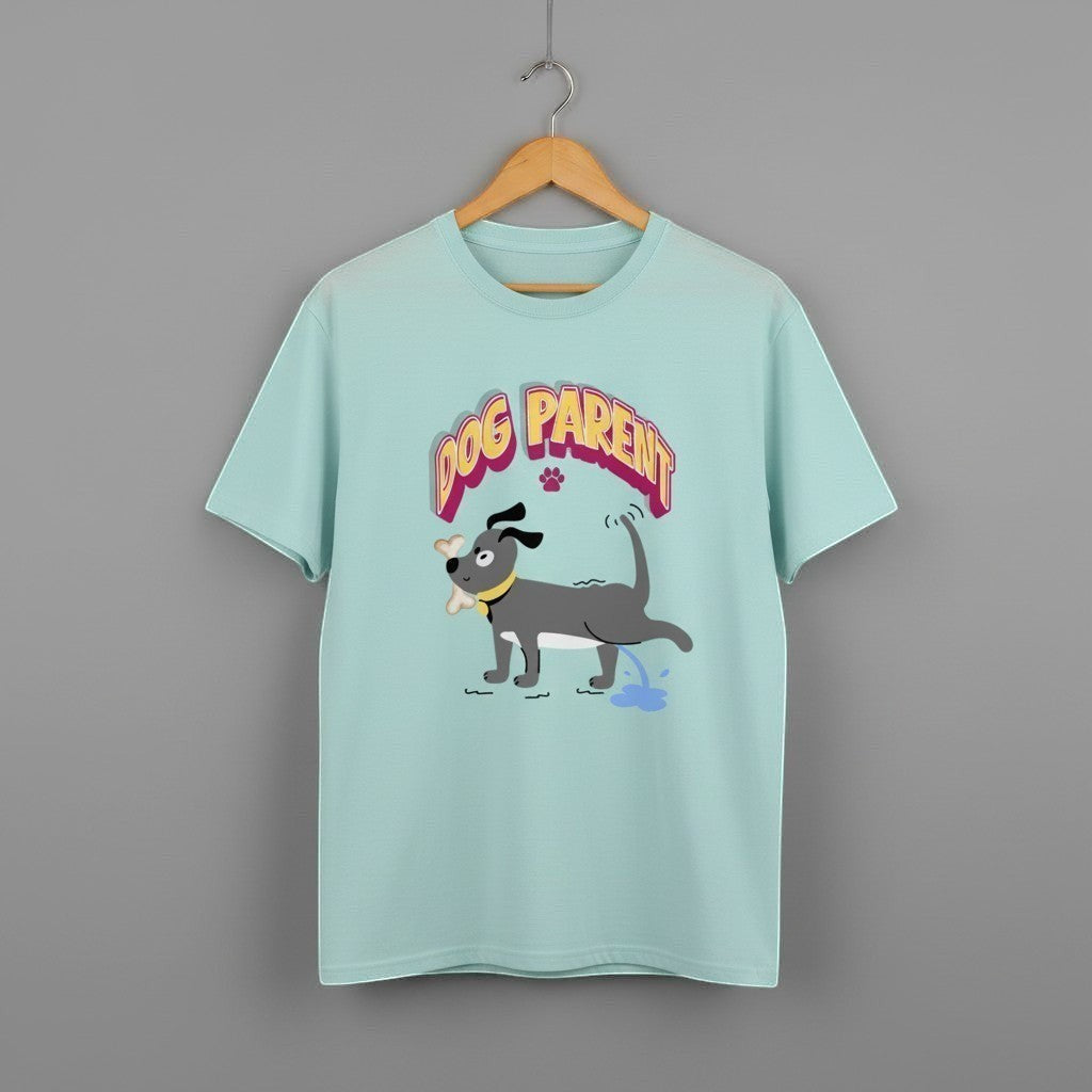 Dog Parent graphic t-shirt on MINT BLUE unisex 100% cotton crew neck, playful dog illustration pet owner humor design, DTG print 300 DPI, 180 GSM breathable soft fabric