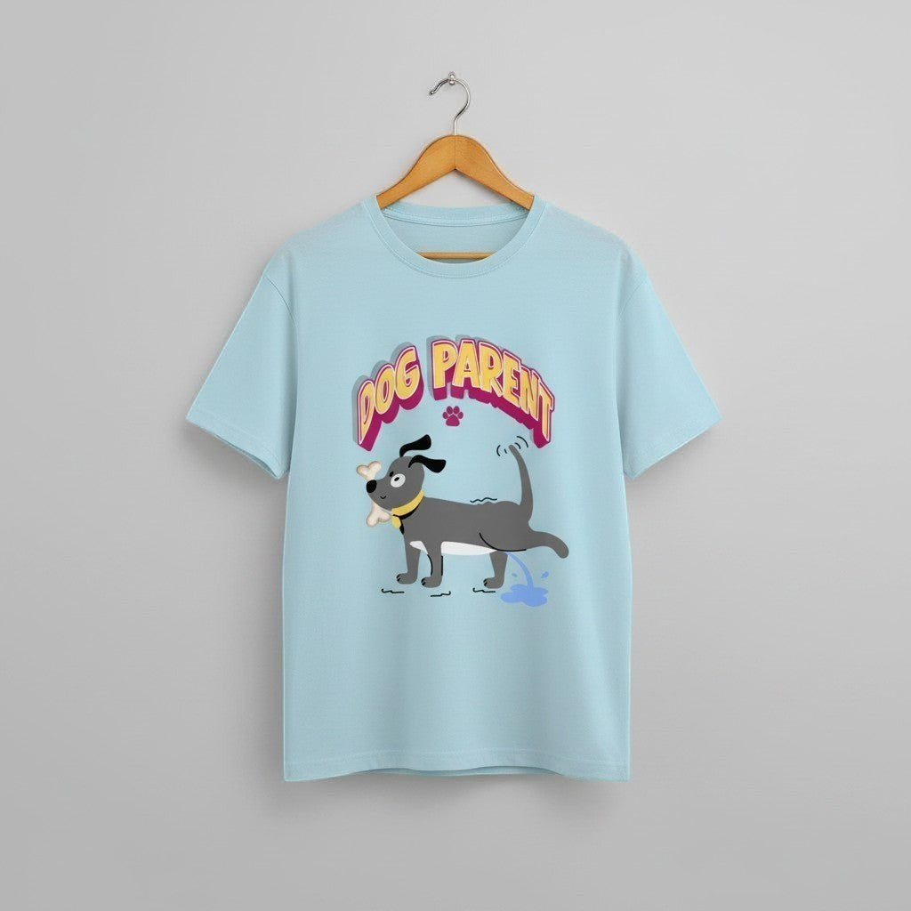 Dog Parent graphic t-shirt on LIGHT BLUE unisex 100% cotton crew neck, playful dog illustration pet owner humor design, DTG print 300 DPI, 180 GSM breathable soft fabric
