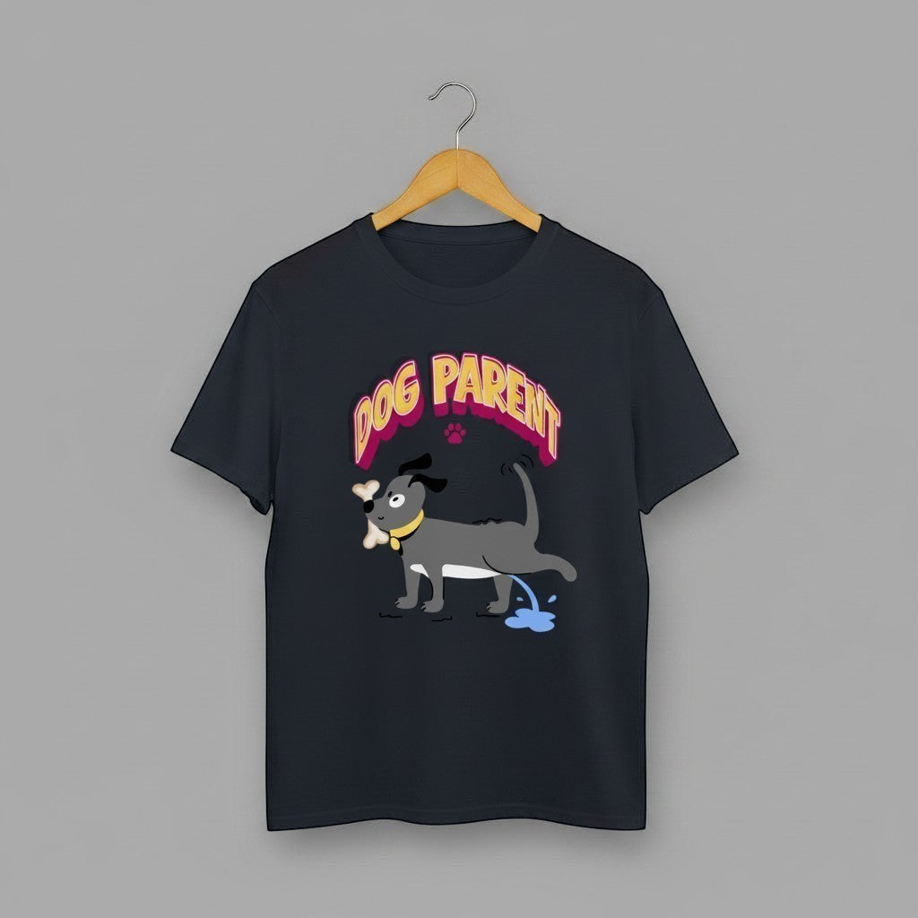 Dog Parent graphic t-shirt on BLACK unisex 100% cotton crew neck, playful dog illustration pet owner humor design, DTG print 300 DPI, 180 GSM breathable soft fabric