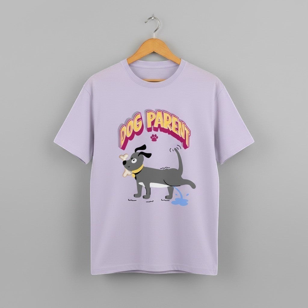 Dog Parent graphic t-shirt on LAVENDER unisex 100% cotton crew neck, playful dog illustration pet owner humor design, DTG print 300 DPI, 180 GSM breathable soft fabric