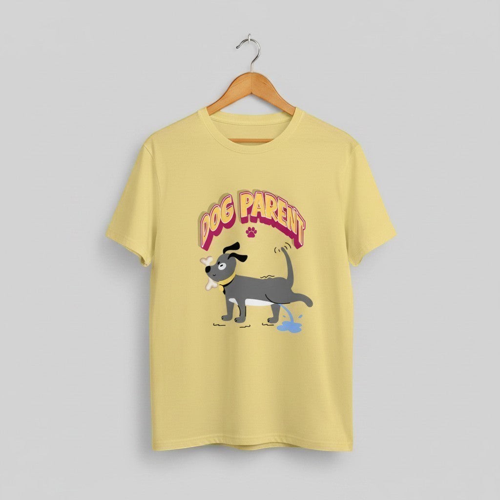 Dog Parent graphic t-shirt on YELLOW unisex 100% cotton crew neck, playful dog illustration pet owner humor design, DTG print 300 DPI, 180 GSM breathable soft fabric