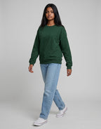 Forest Green Oversized Sweatshirt on FOREST GREEN unisex premium soft-touch fabric crew neck, relaxed roomy fit modern aesthetic, deep rich forest green hue sophisticated, ribbed cuffs hem durable, classic crew neck design, oversized silhouette minimalist look